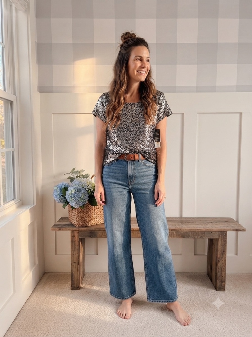 Jones‎ New York Sequined Floral Short-Sleeve Top